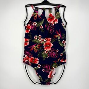 Kona Sol Womens 24W One Piece Swim Bathing Suit Navy Blue Pink Floral Soft Cup